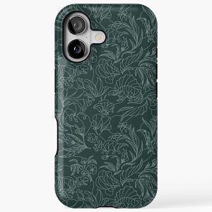 Hidden Dinosaurs - Floral Pattern - Teal and Silver iPhone 17 Case Tough