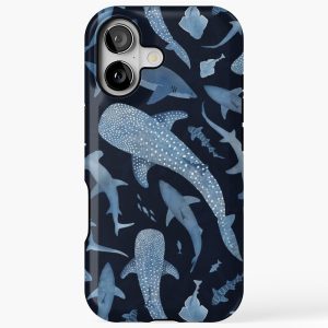 Monochrome blue watercolour shark ocean on black iPhone 17 Case Tough